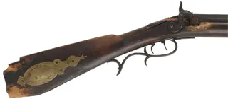 Relic ~ Antique Halfstock Rifle,
.47 caliber, 31-1/2" barrel,
back action percussion, maple, brass,
cracks, non-functional, decorator use